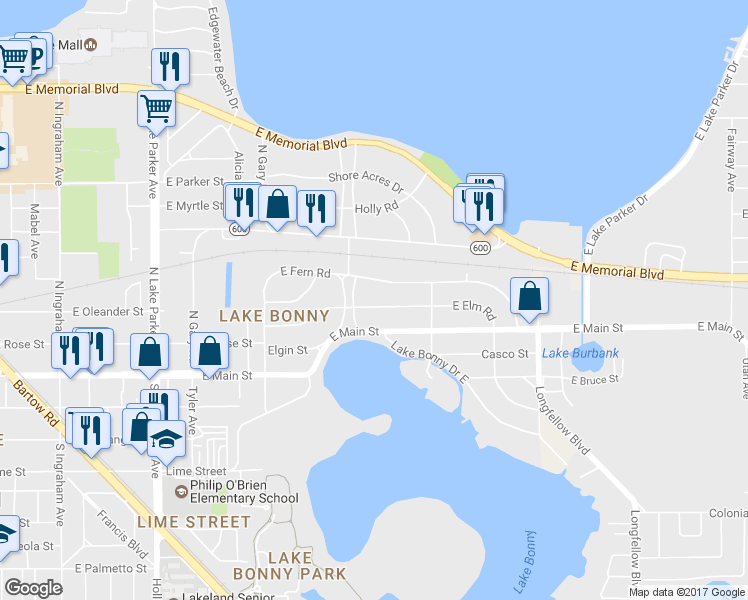 map of restaurants, bars, coffee shops, grocery stores, and more near 1616 East Elm Road in Lakeland