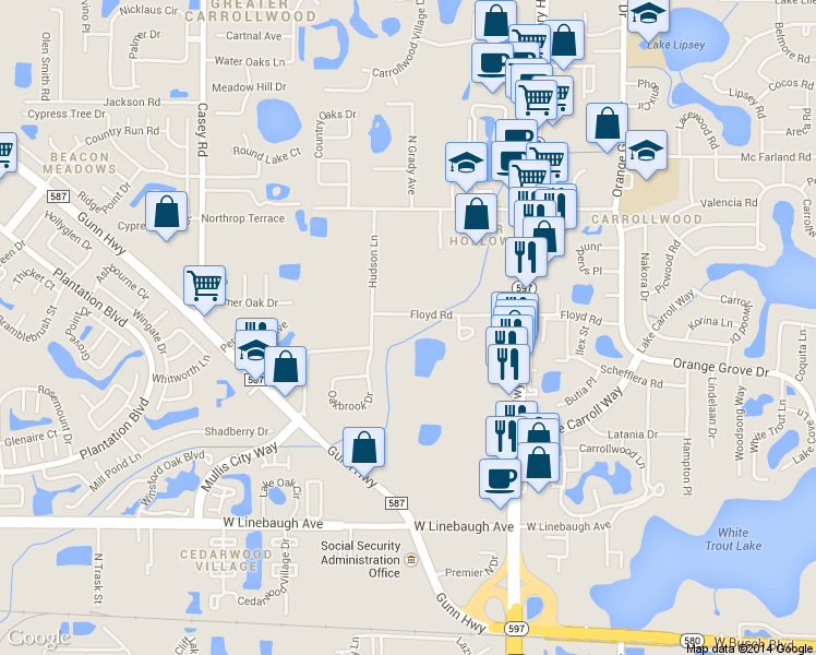 map of restaurants, bars, coffee shops, grocery stores, and more near 3902 Floyd Road in Tampa