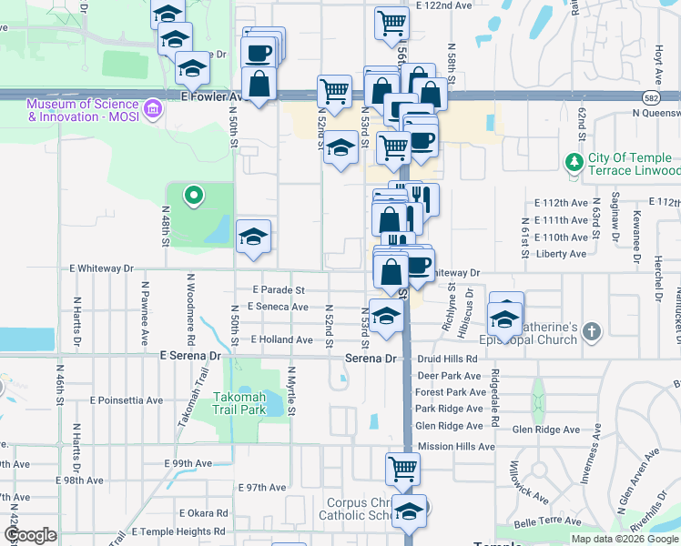 map of restaurants, bars, coffee shops, grocery stores, and more near 5207 East Whiteway Drive in Temple Terrace