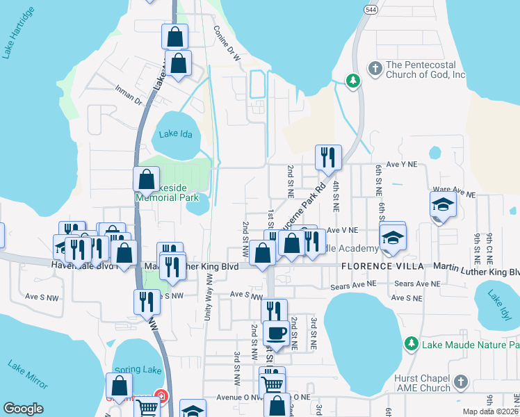 map of restaurants, bars, coffee shops, grocery stores, and more near 109 Avenue West Northeast in Winter Haven