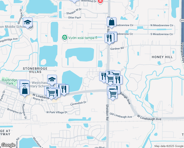 map of restaurants, bars, coffee shops, grocery stores, and more near 10704 Spring Mountain Place in Tampa