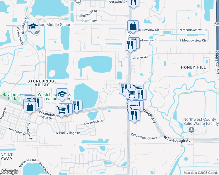 map of restaurants, bars, coffee shops, grocery stores, and more near 10704 Spring Mountain Place in Tampa