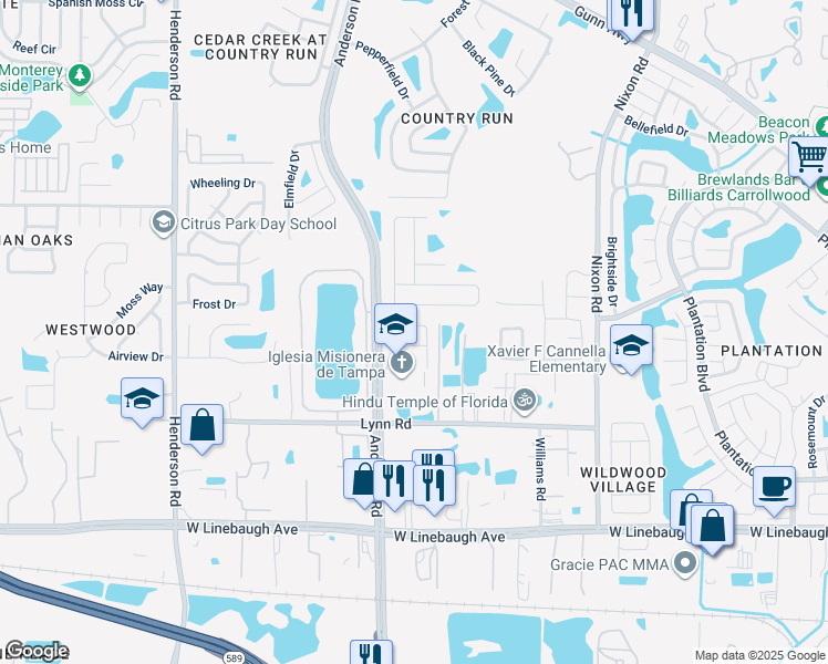 map of restaurants, bars, coffee shops, grocery stores, and more near 10926 Arbor Ridge Drive in Tampa