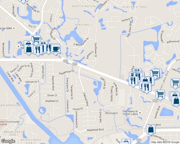 map of restaurants, bars, coffee shops, grocery stores, and more near 1721 Split Fork Drive in Oldsmar