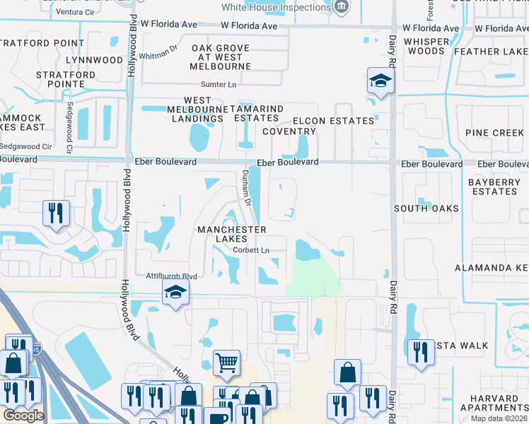 map of restaurants, bars, coffee shops, grocery stores, and more near 4188 Trovita Circle in West Melbourne