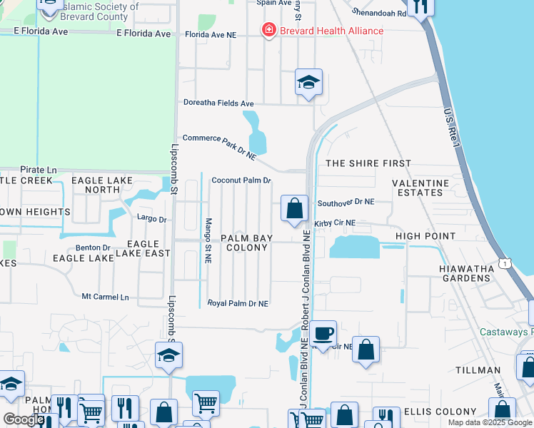 map of restaurants, bars, coffee shops, grocery stores, and more near 1924 Seagrape Street Northeast in Palm Bay