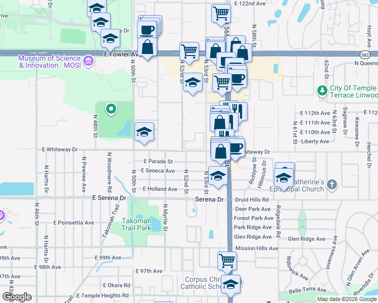 map of restaurants, bars, coffee shops, grocery stores, and more near 5207 East Whiteway Drive in Temple Terrace