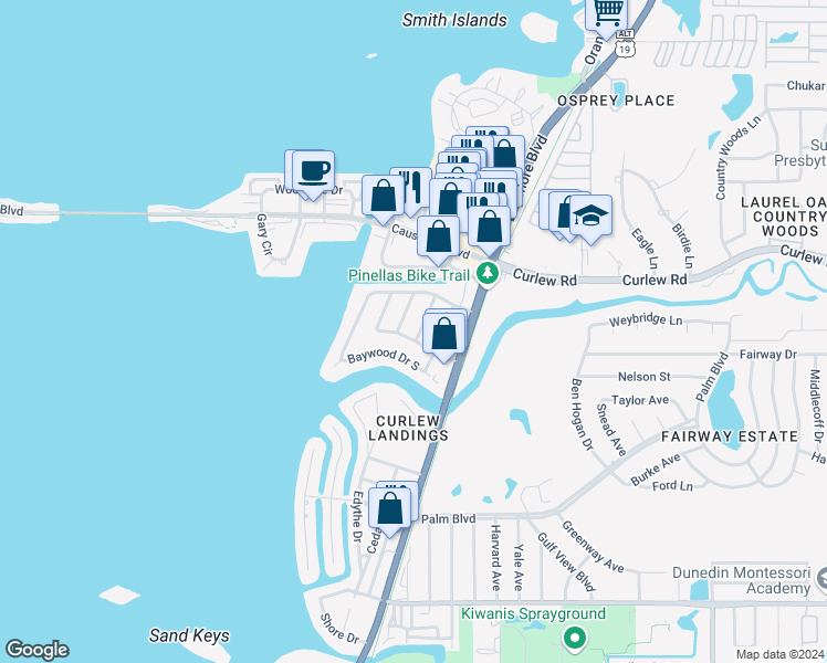 map of restaurants, bars, coffee shops, grocery stores, and more near 2464 Del Rio Way in Dunedin