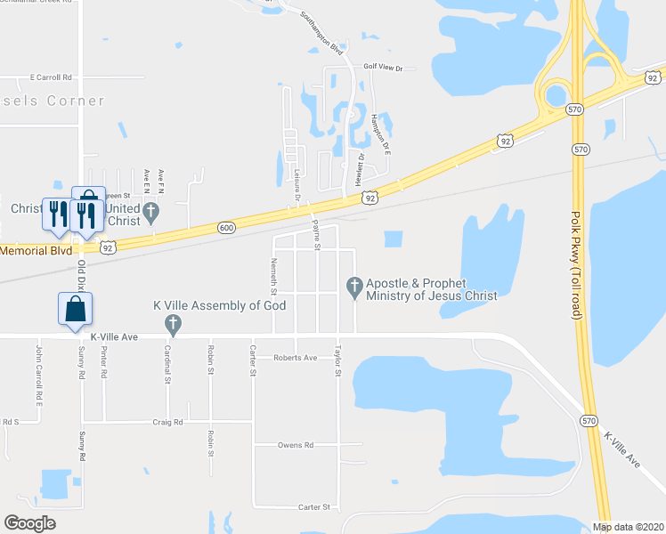 map of restaurants, bars, coffee shops, grocery stores, and more near 1225 Taylor Street in Auburndale