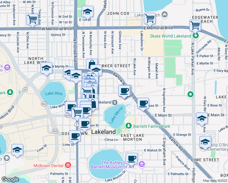 map of restaurants, bars, coffee shops, grocery stores, and more near 302 North Iowa Avenue in Lakeland