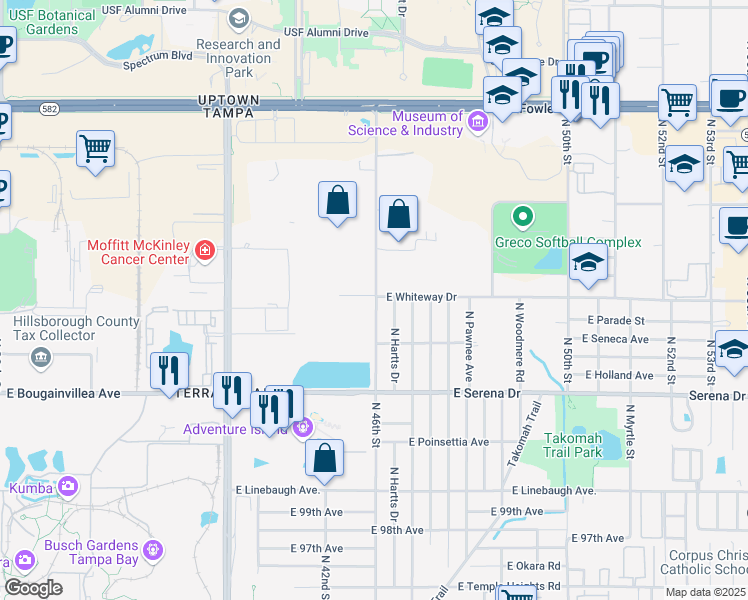map of restaurants, bars, coffee shops, grocery stores, and more near 10708 North 46th Street in Tampa