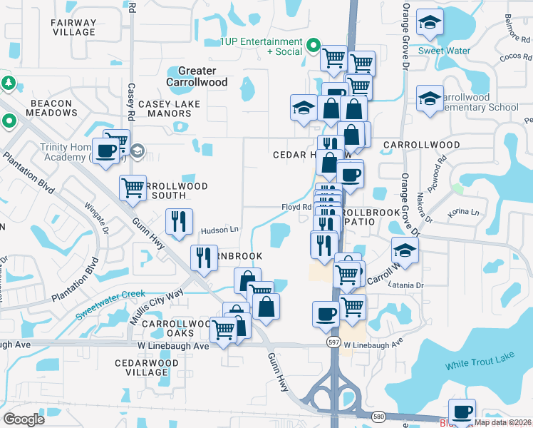map of restaurants, bars, coffee shops, grocery stores, and more near 3902 Floyd Road in Tampa