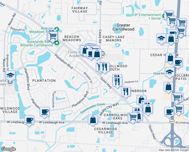 map of restaurants, bars, coffee shops, grocery stores, and more near 10813 Roundview Lane in Tampa