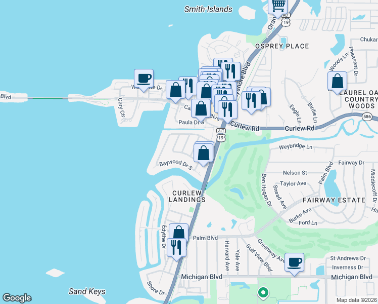 map of restaurants, bars, coffee shops, grocery stores, and more near 2464 Del Rio Way in Dunedin