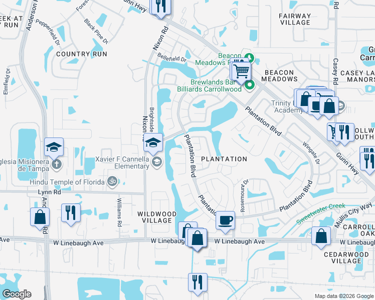 map of restaurants, bars, coffee shops, grocery stores, and more near 5101 Stonehaven Court in Tampa