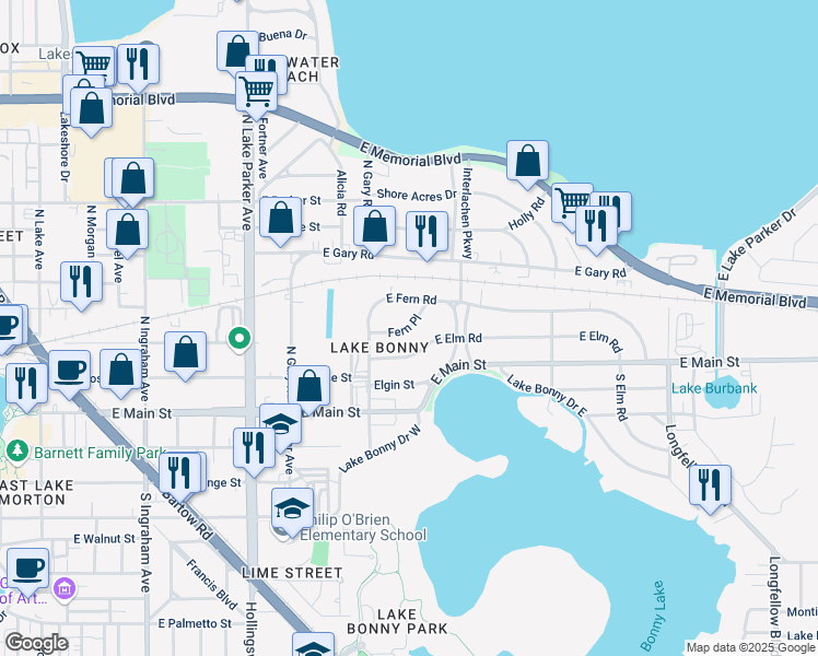 map of restaurants, bars, coffee shops, grocery stores, and more near 1428 Fern Place in Lakeland