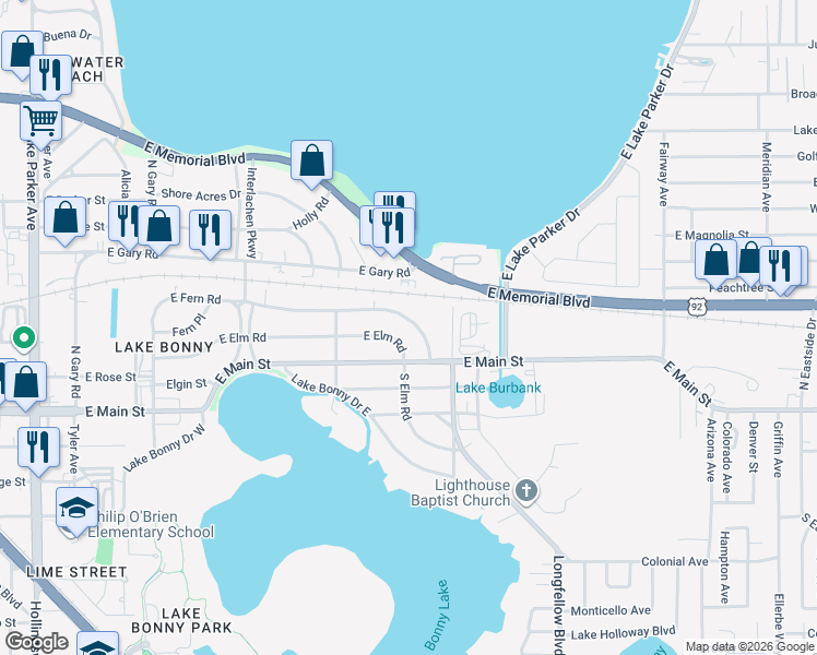 map of restaurants, bars, coffee shops, grocery stores, and more near 1926 East Fern Road in Lakeland