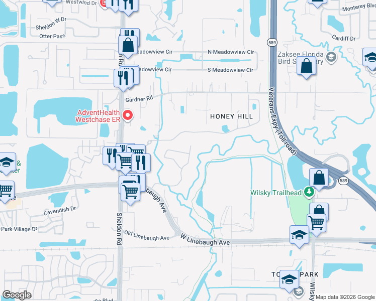 map of restaurants, bars, coffee shops, grocery stores, and more near 10804 Ashford Oaks Drive in Tampa
