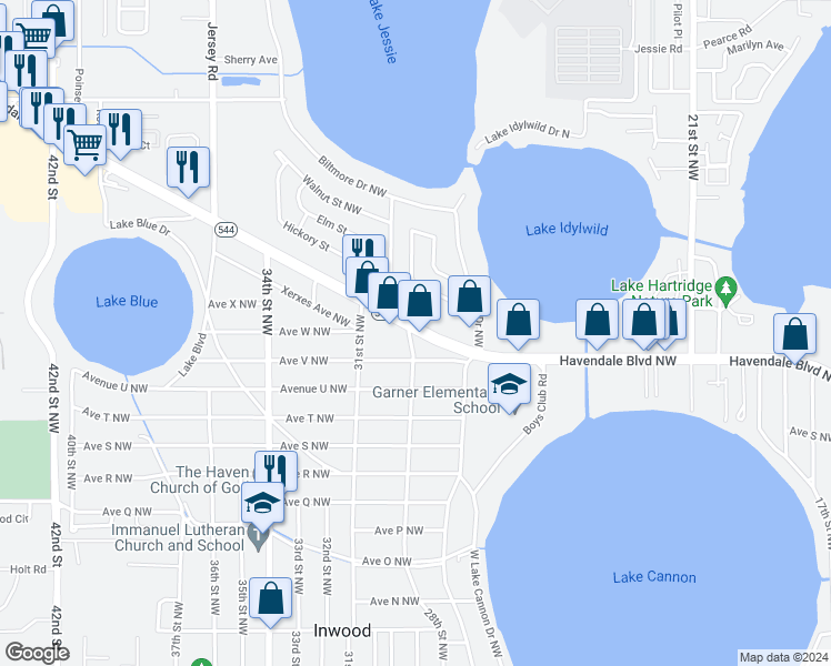 map of restaurants, bars, coffee shops, grocery stores, and more near 2790 Havendale Boulevard in Auburndale