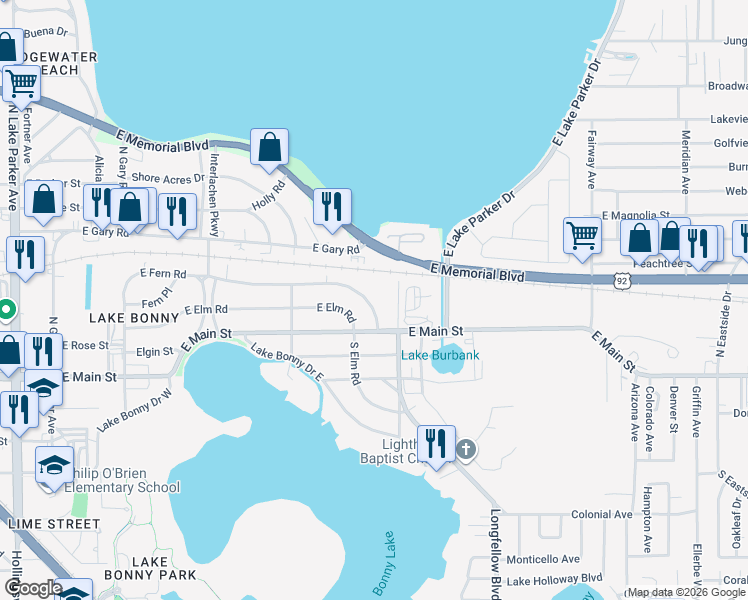 map of restaurants, bars, coffee shops, grocery stores, and more near 1926 East Fern Road in Lakeland