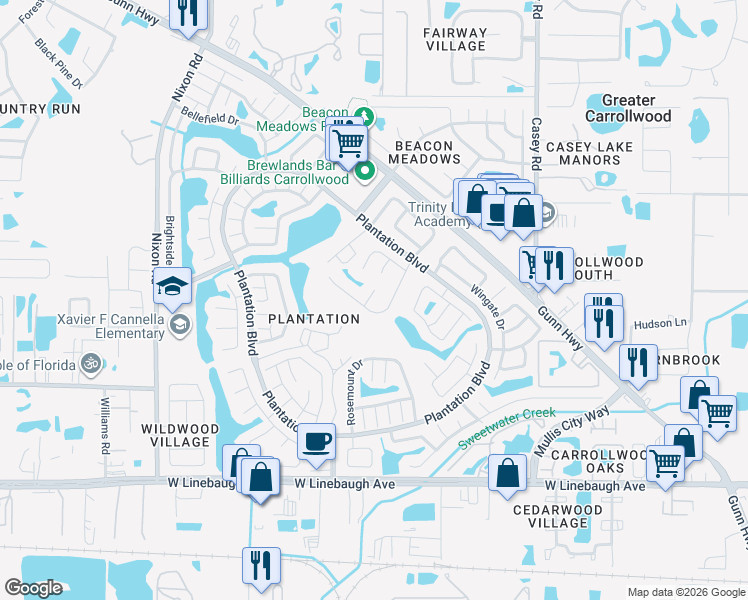 map of restaurants, bars, coffee shops, grocery stores, and more near 4904 Rambling Rose Place in Tampa