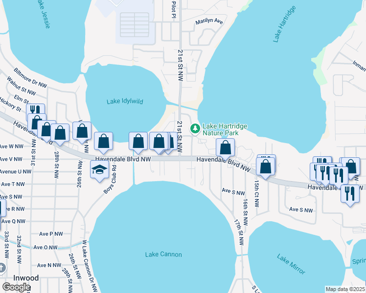 map of restaurants, bars, coffee shops, grocery stores, and more near 2178 21st Street Northwest in Winter Haven