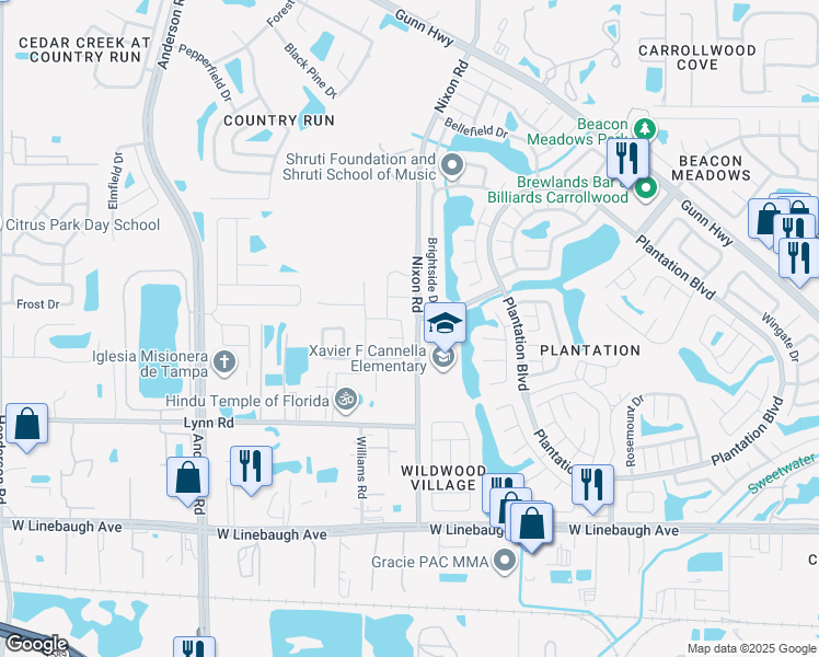map of restaurants, bars, coffee shops, grocery stores, and more near 5507 Sandbeck Court in Tampa