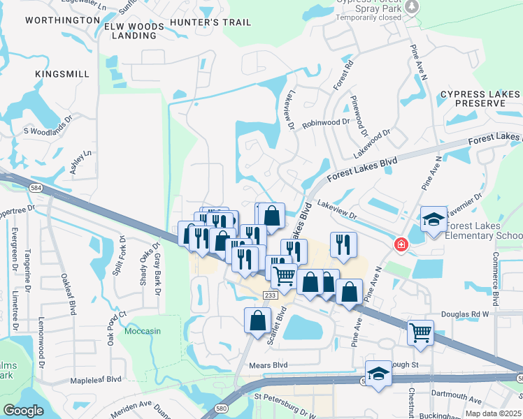 map of restaurants, bars, coffee shops, grocery stores, and more near 128 Camphor Circle in Oldsmar