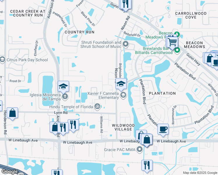 map of restaurants, bars, coffee shops, grocery stores, and more near 5507 Sandbeck Court in Tampa