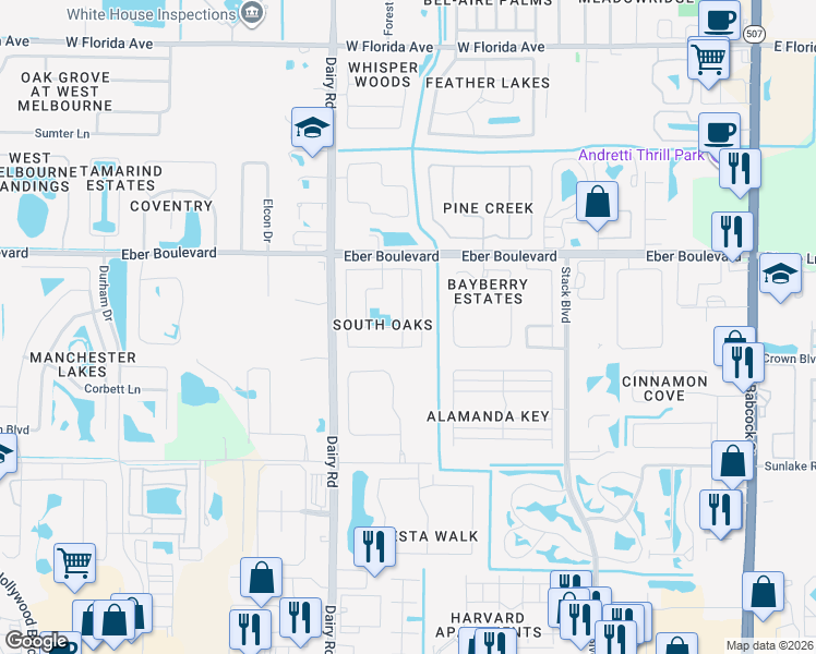 map of restaurants, bars, coffee shops, grocery stores, and more near 4165 Green Oak Drive in Melbourne