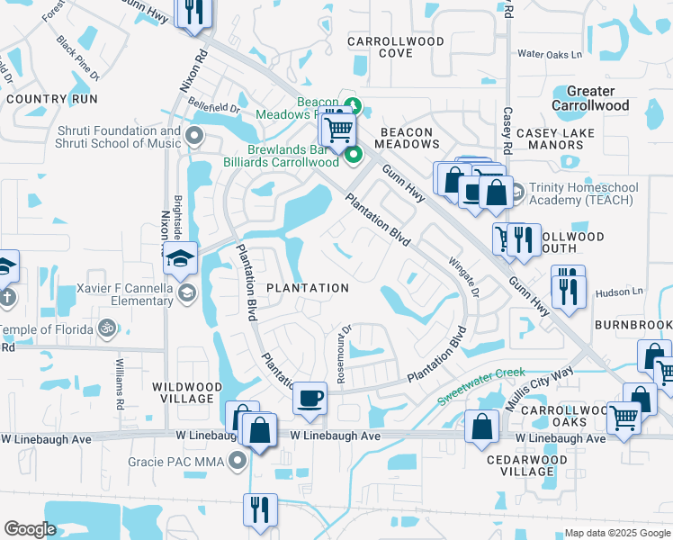 map of restaurants, bars, coffee shops, grocery stores, and more near 11209 Bramblebrush Street in Tampa