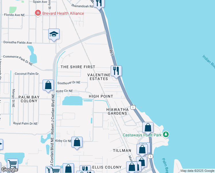 map of restaurants, bars, coffee shops, grocery stores, and more near 14 Hillside Avenue in Palm Bay