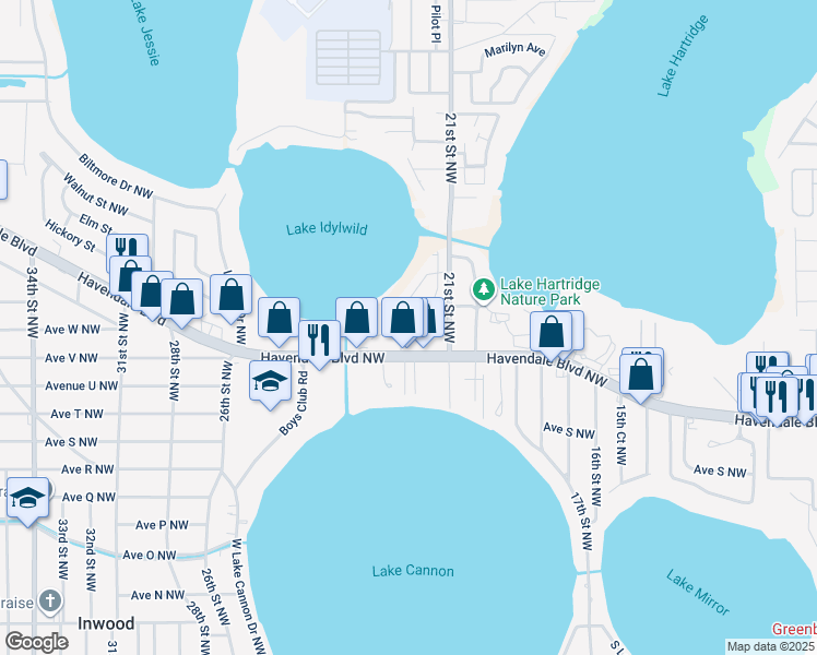 map of restaurants, bars, coffee shops, grocery stores, and more near 3043 Havendale Boulevard Northwest in Winter Haven