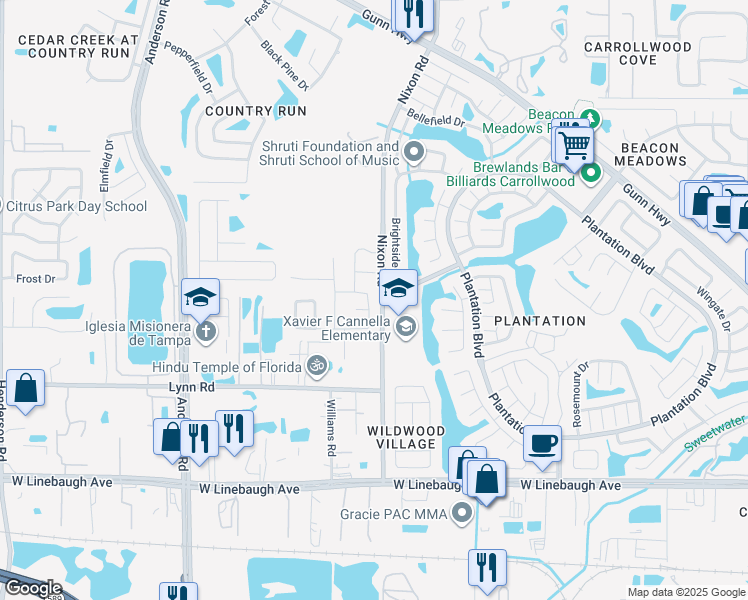 map of restaurants, bars, coffee shops, grocery stores, and more near 5507 Sandbeck Court in Tampa