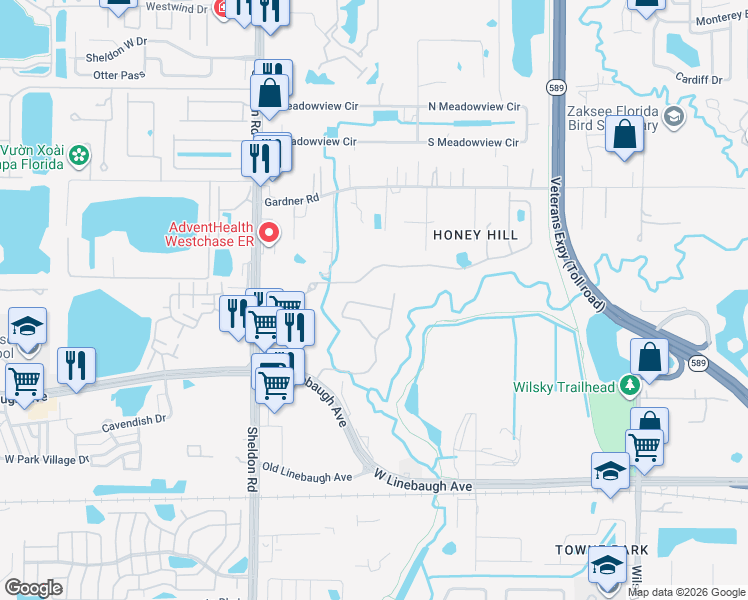 map of restaurants, bars, coffee shops, grocery stores, and more near 8567 Acorn Ridge Court in Tampa