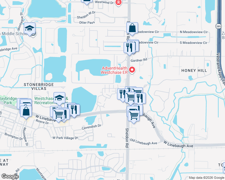 map of restaurants, bars, coffee shops, grocery stores, and more near 10704 Spring Mountain Place in Tampa
