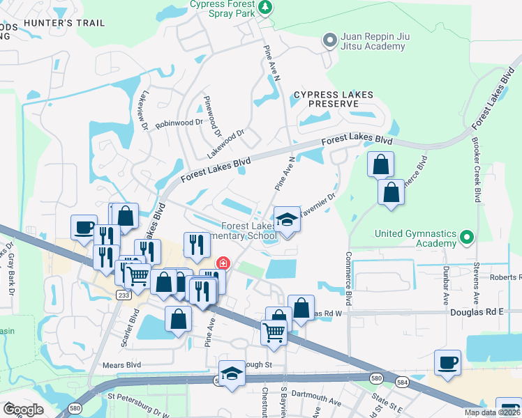 map of restaurants, bars, coffee shops, grocery stores, and more near 302 Fountainview Circle in Oldsmar