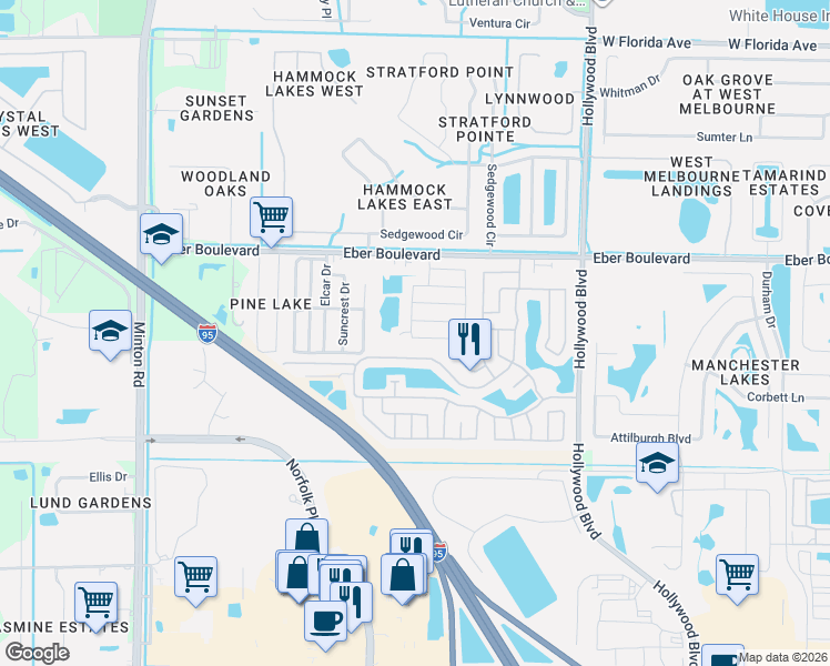 map of restaurants, bars, coffee shops, grocery stores, and more near 3566-3598 Bobwhite Ct in Melbourne