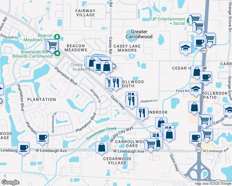 map of restaurants, bars, coffee shops, grocery stores, and more near 4437 Gunn Highway in Tampa