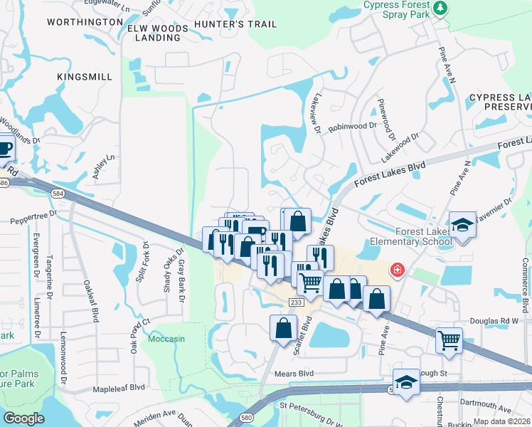 map of restaurants, bars, coffee shops, grocery stores, and more near 133 Sabal Court in Oldsmar