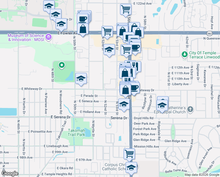 map of restaurants, bars, coffee shops, grocery stores, and more near 10918 Le Jardin Circle in Temple Terrace