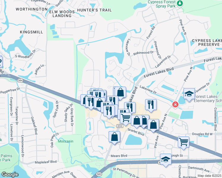 map of restaurants, bars, coffee shops, grocery stores, and more near 131 Sabal Court in Oldsmar