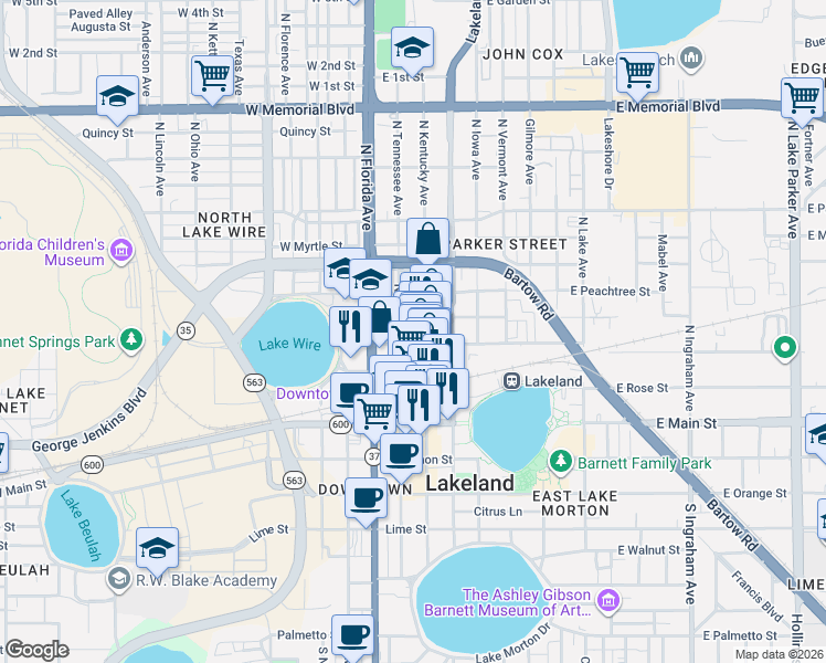 map of restaurants, bars, coffee shops, grocery stores, and more near 310 North Kentucky Avenue in Lakeland