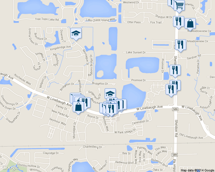 map of restaurants, bars, coffee shops, grocery stores, and more near 9828 Bridgeton Drive in Tampa