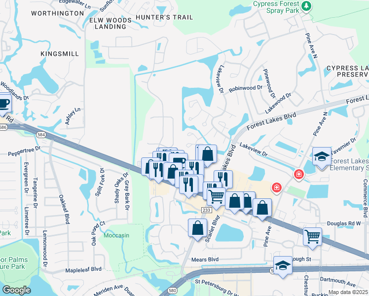 map of restaurants, bars, coffee shops, grocery stores, and more near 133 Sabal Court in Oldsmar