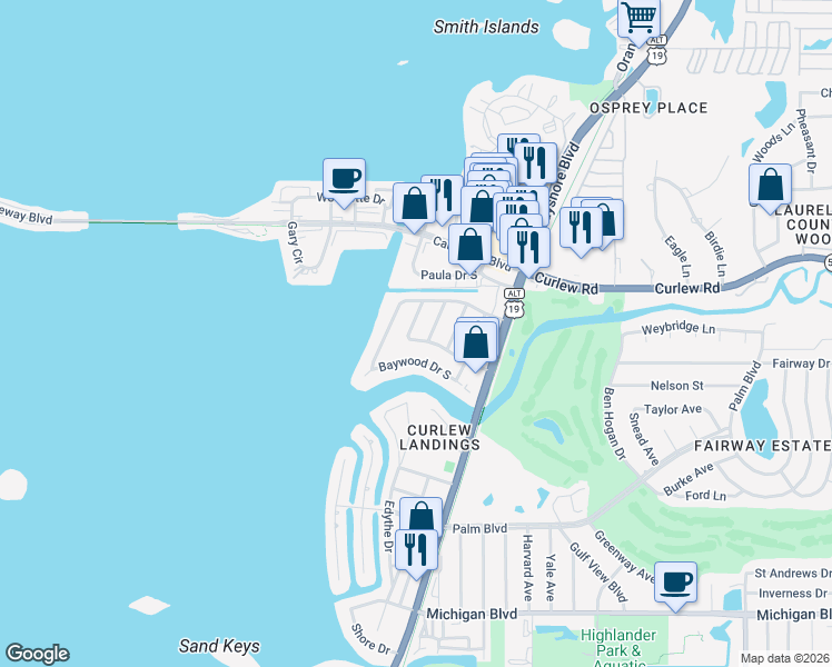 map of restaurants, bars, coffee shops, grocery stores, and more near 547 Tradewinds Drive in Dunedin