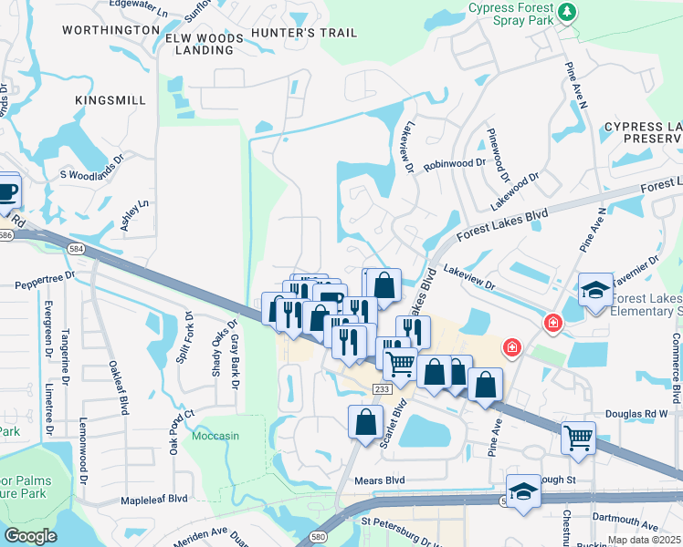 map of restaurants, bars, coffee shops, grocery stores, and more near 133 Sabal Court in Oldsmar