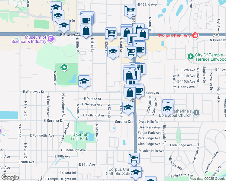 map of restaurants, bars, coffee shops, grocery stores, and more near 10920 Le Jardin Circle in Temple Terrace