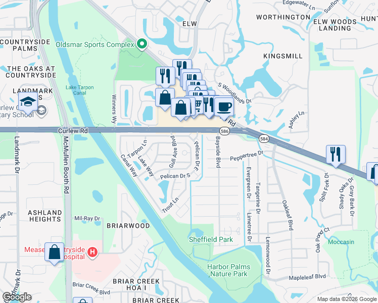 map of restaurants, bars, coffee shops, grocery stores, and more near 163 Dolphin Drive East in Oldsmar
