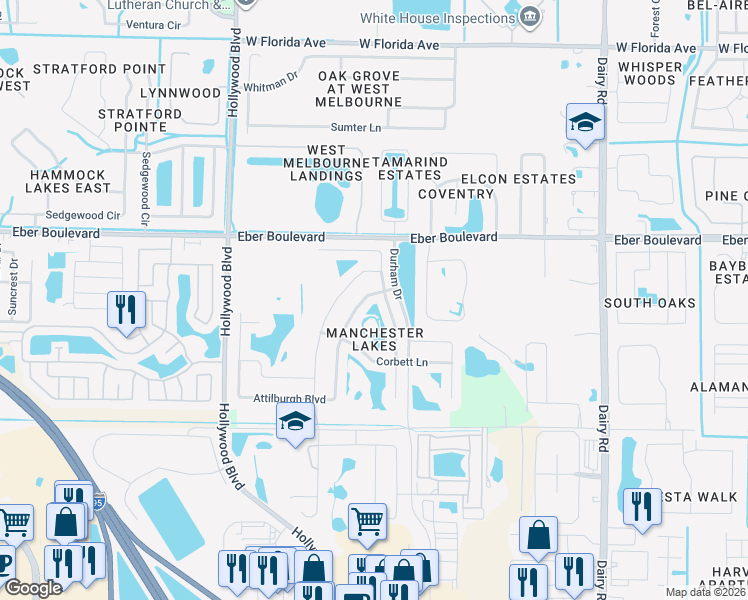 map of restaurants, bars, coffee shops, grocery stores, and more near 3832 Joslin Way in West Melbourne